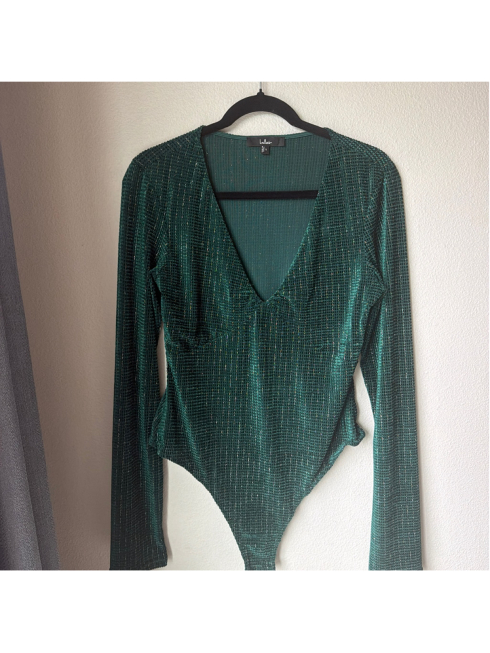 Women's Lulus Green Metallic Ribbed Long Sleeve Bodysuit Size L